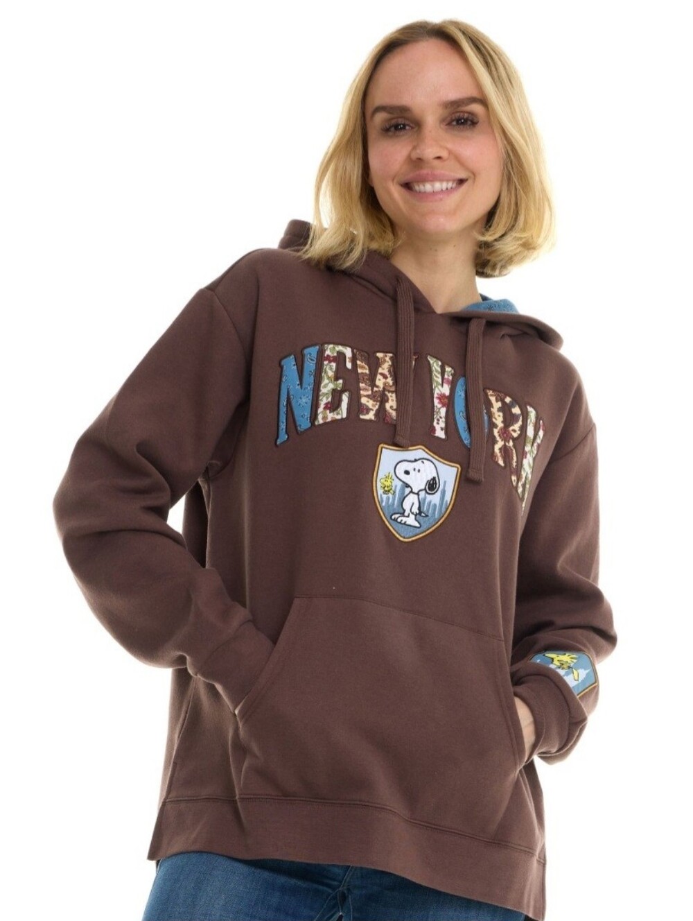 NWT Peanuts Snoopy New York Character Patchwork Destination Hoodie Brown L